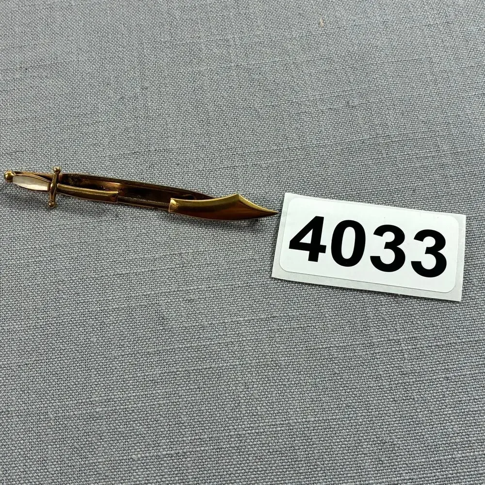 Vintage SWANK Sword Dagger Tie Clip Gold Tone Mother of Pearl Handle Mens